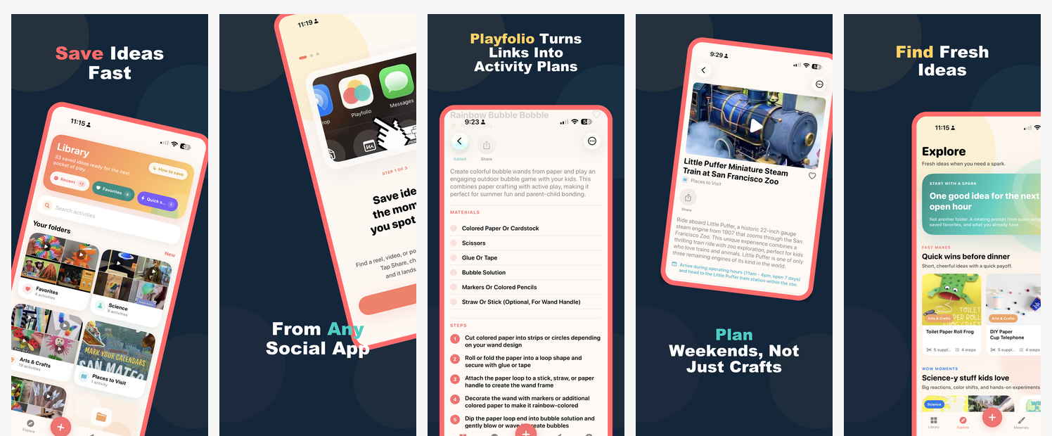 Playfolio screenshots showing saved activity folders, share sheet import, activity details, weekend plans, and Explore ideas